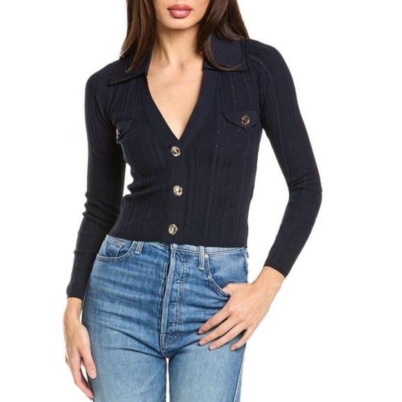 SANDRO Cropped Ribbed Pointelle Knit Cardigan Sweater Navy Blue Eyelet Gold HW 1 - Picture 1 of 12